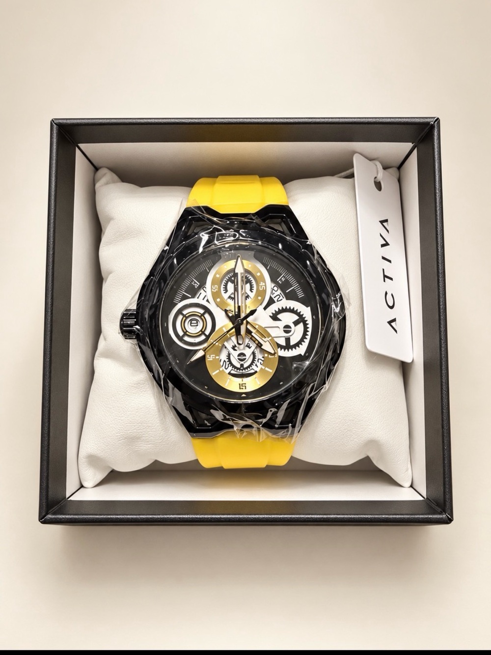 Ativa Yellow Silicone Strap Men's Watch with Black Gear Dial